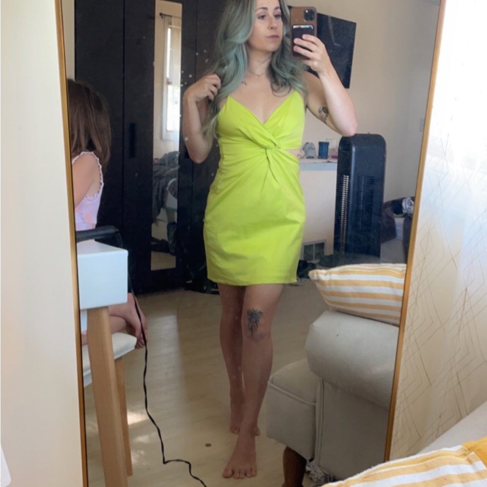 Zara Lime Green Mini Dress with Tie Front and Cut Out